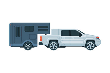 Travel Trailer and Car Crossover, Mobile Home for Trip, Summer Tourism and Vacation Flat Vector Illustration
