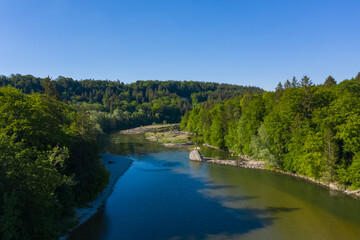Fototapeta na wymiar Bird view of Isar river near Baierbrunn with forest around. Typical alpine landscape.