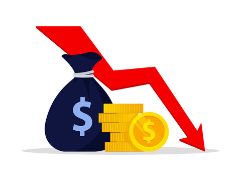 Money loss vector illustration, flat cartoon cash with down arrow stocks graph, concept of financial crisis, market fall, bankruptcy, budget recession.  Business crisis and teamwork concept.