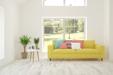 White living room with sofa and summer landscape in window. Scandinavian interior design. 3D illustration