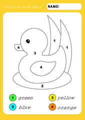 Coloring page with duck bird. Color by numbers educational children game, drawing kids activity. Animals theme. Illustration and vector outline - A4 paper ready to print.