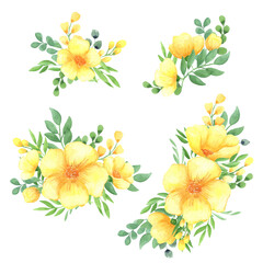 illustration watercolor a set of yellow flowers and green leaves of twigs, floral arrangements isolated on a white background. spring mood. for design, invitations, wedding, decoration