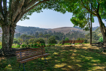 wooden benches in the shade of trees to rest and enjoy the scenery