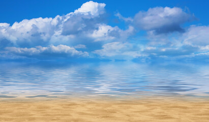 Fototapeta na wymiar Summer seascape. Blue sea and sky with fluffy clouds. Bright sunny day, tropical beach.
