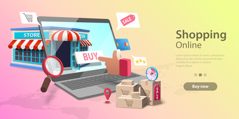 3d Online Shopping Landing Page Template, Mobile Store Concept, Fast Delivery Service.