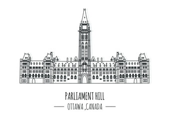 Hand drawn famous landmark vector of Parliament hill, Ottawa, Canada. - obrazy, fototapety, plakaty