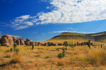 Landscape at City of Rocks state park in New Mexico, USA showing boulders and pinnacles formed by volcanic eruption from Emory caldera 35 million years ago