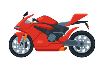 Obraz na płótnie Canvas Modern Red Motorcycle, Motor Vehicle Transport, Side View Flat Vector Illustration
