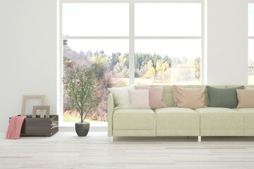 White living room with sofa. Scandinavian interior design. 3D illustration