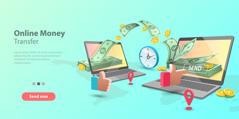 Obraz premium 3d Vector concept illustration of mobile money transfer. Two smartphones and bundle of the banknotes and coins are flying from one smartphone to the other. Template for website la