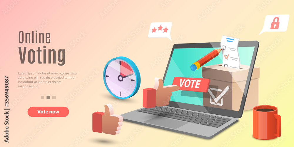 Poster 3d concept of online voting app, e-voting, internet election system. vector template for web banner 