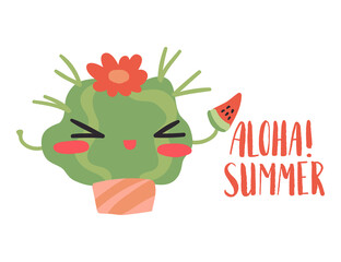 Minimal summer trendy vector illustration art in scandinavian style. Cute cactus in pot with watermelon slice. Handwritten lettering phrase Aloha Summer isolated on white