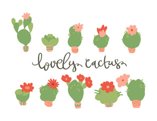 Minimal succulent trendy vector illustration art set in scandinavian style. Blooming cacti in a cute pot. Handwritten lettering phrase Lovely Cactus isolated on white