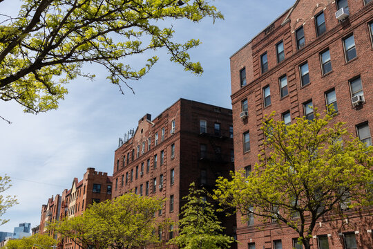 Row Of Old Brick Residential Buildings In Sunnyside Queens New York