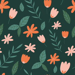 Vector floral pattern. Seamless pattern with flowers and leaves on a green background. For the design of textiles, fabric, wrapping paper.