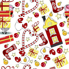 Christmas seamless pattern with mouse a symbol of the new year. Print with a gingerbread house, sweets, mittens, gifts and socks. 