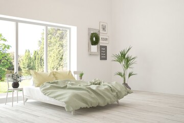 Stylish bedroom in white color with summer landscape in window. Scandinavian interior design. 3D illustration