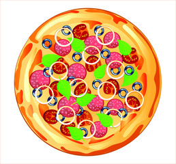 Fresh pizza with tomato, cheese, olive, sausage, onion, basil. Traditional italian fast food. Top view meal. European snack. Isolated  background. EPS10 vector illustration.
