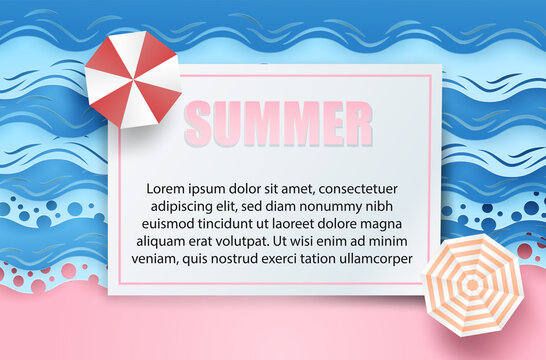 Summer background. travel and relax summer on the beach concept. design with top view beach, umbrellas, surfboard background. paper art style. Vector.