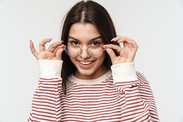 Photo of happy brunette young woman wearing eyeglasses smiling