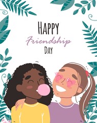 Portrait of smiling girls. Happy friends holding each other. Happy friendship day.
