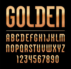 High steel font of golden style, trendy glossy alphabet, Latin letters from A to Z and Arab numbers from 0 to 9 for you designs, vector illustration 10EPS