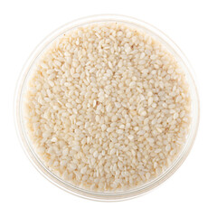 Sesame seeds in glass bowl isolated on white background flat lay closeup view