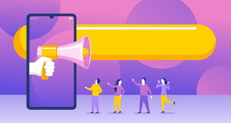 Web internet promo advertising or referral program banner - group of small people stay around phone with loudspeaker and human hand - vector creative illustration 