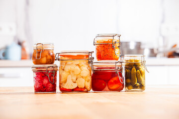 The jars of delicious homemade pickled vegetables