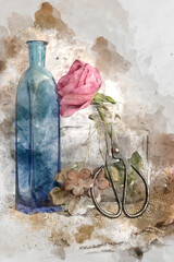 Digital watercolor painting of Romantic vintage retro look applied to flower and garden paraphenalia still life image with Spring and Summer seasonal blooms
