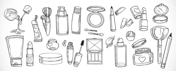 Big set of doodles on cosmetics  cream,eye shadow, face powder, brush, foundation cream, mascara on a white background