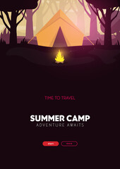 Summer camp. Travel and Adventure. Sunset in the forest. Climbing, Trekking, Hiking, Walking. Campfire Nature landscape.