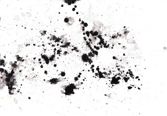 texture of black ink splashes on white paper. Black liquid ink and water: blots and splashes isolated on a horizontal white background. Raster abstract black and white illustration