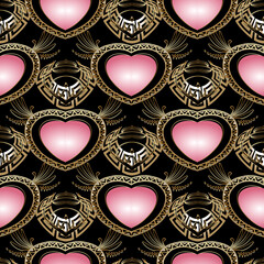 Love hearts vintage 3d seamless pattern. Vector ornamental elegance background. Gold greek key meanders. Line art beautiful romantic ornaments. Luxury ornate design. Repeat decorative backdrop