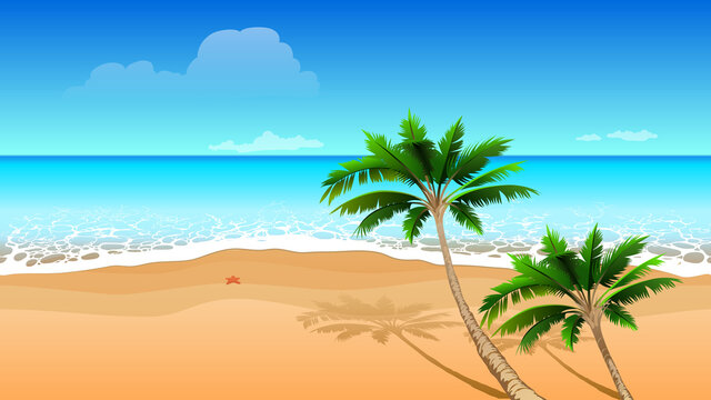 Clear blue sea, two coconut palm tree on sandy beach. Seamless horizontal tropical landscape