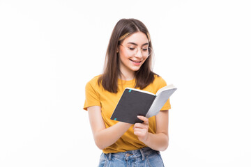 Photo of woman holding diary in hands having creative idea noticing at on paper isolated on white background