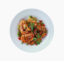 Stir Fried Prawns with Salt,garlic and Chili in white dish on white background, isolated​