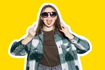 Collage in magazine style with colorful girl in sunglasses with fuck you sign on toned yellow background