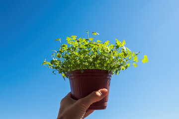 A hand holds a parsley seedling in a brown pot against a blue sky. Copy space, selective focus.