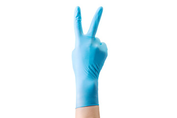 Obraz premium Doctor's hand in medical gloves showing two fingers up in peace symbol isolated
