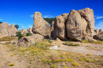 Rock formations at City of Rocks state park in New Mexico, USA.  Boulders and pinnacles formed by volcanic eruption from Emory caldera 35 million years ago