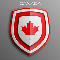Canada set shiny buttons and shields of flag with frame - illustration. Isolated abstract object against gray background.