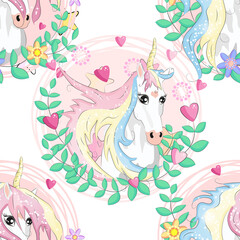 seamless pattern with cute unicorns, clouds,rainbow and stars. Magic background with little unicorns.