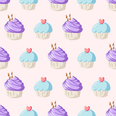 Vector Cute Pastel Blue Purple Cupcakes Hand drawn seamless pattern