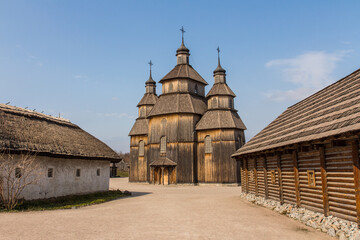 View of the wooden church in the National Reserve "Zaporizhzhia Sich" on the island of Khortytsia in Zaporizhzhia. Ukraine