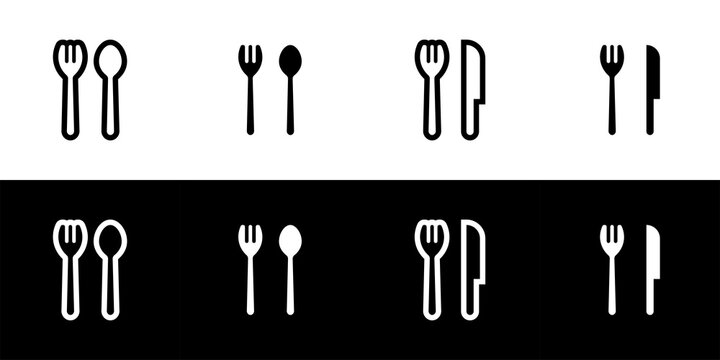 Cutlery icon set. Flat design icon collection isolated on black and white background. Spoon, fork, and knife. Breakfast, lunch, and dinner.