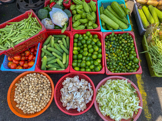 Colorful vegetables for sale at outdoor market in Vietnam