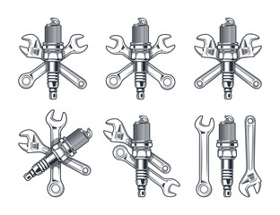 Wrench, adjustable wrench and spark plug. Repair tools icon isolated on white background.