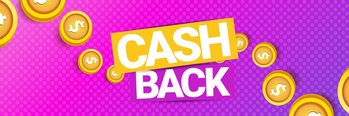 vector cash back icon isolated on modern violet background. cashback or money refund horizontal banner background