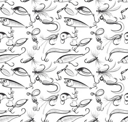 Fishing and fly fishing lures seamless pattern. Background or texture for your design. Sketch style vector illustration on white background.